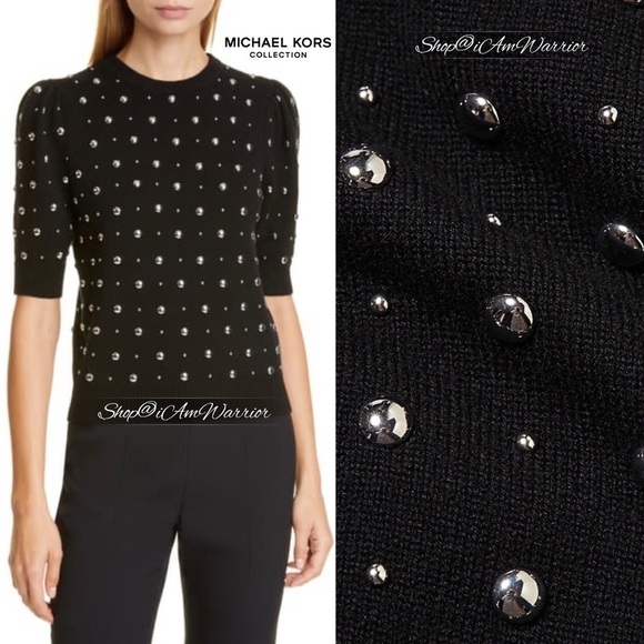 Michael Kors Collection black Italian cashmere studded puff short sleeve sweater - Picture 3 of 14